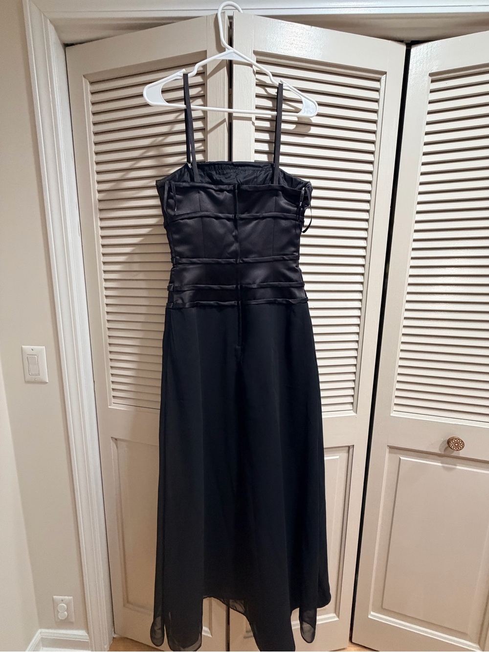 Wtoo Black Satin Dress with White Logo Ribbon